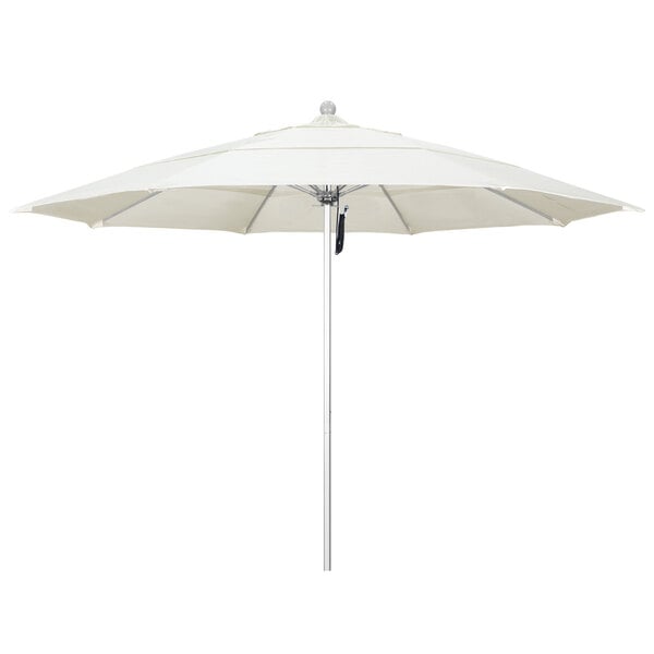 A California Umbrella ALTO Sunbrella round umbrella with a silver pole and white canopy.
