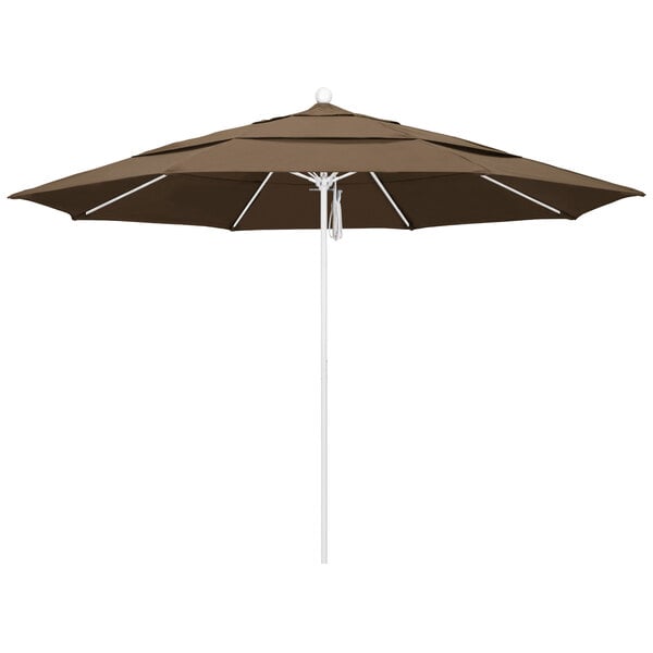 A close-up of a brown California Umbrella with a matte white pole.