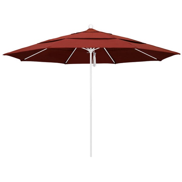 A close-up of a red California Umbrella with a terracotta Sunbrella canopy.