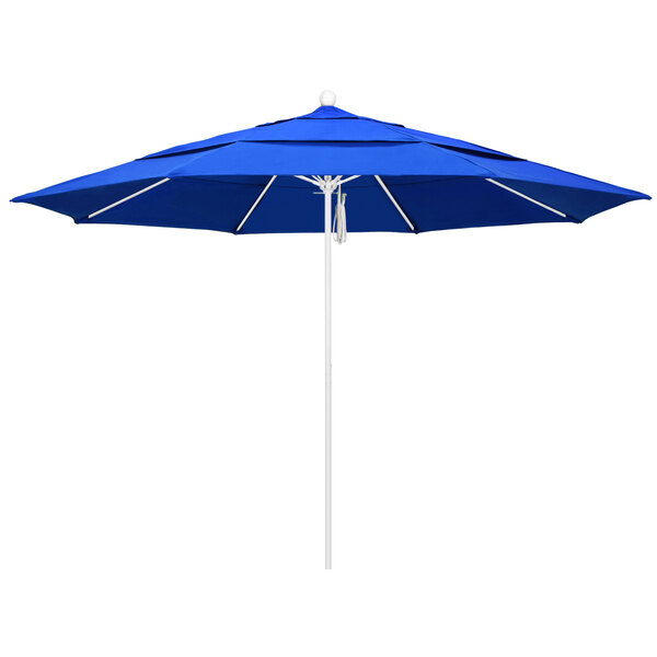 A blue California Umbrella with a white pole.