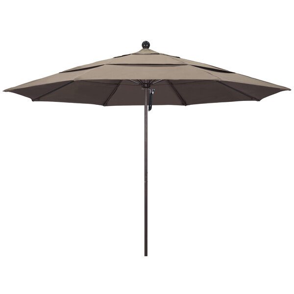 A large brown California Umbrella on a bronze pole.