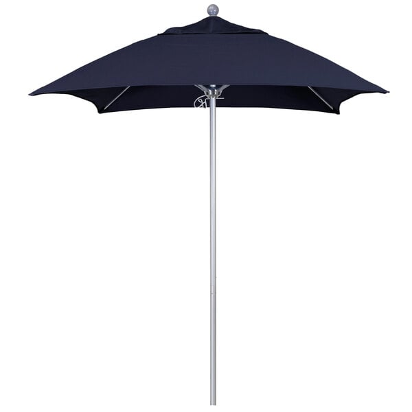 A black California Umbrella with a silver metal pole.