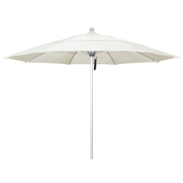 A close up of a white California Umbrella with a silver pole.