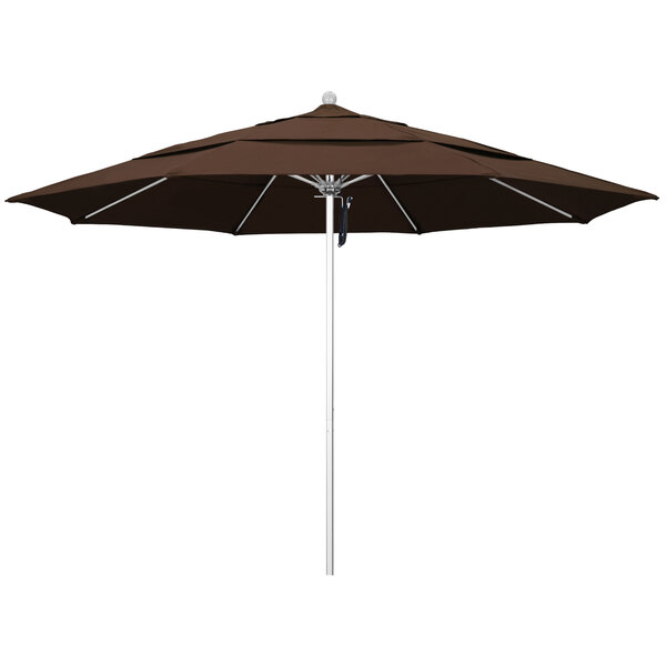 A close-up of a brown California Umbrella with a silver pole.