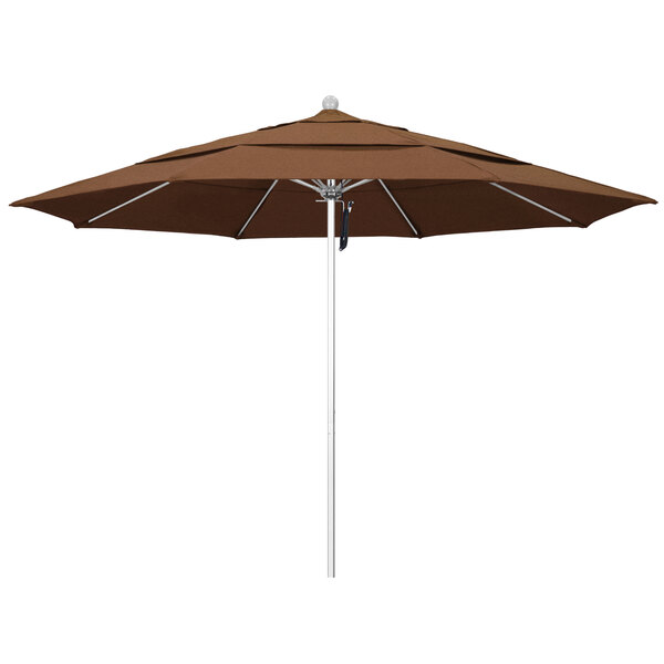 A close-up of a brown California Umbrella with a white pole.