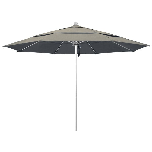 A California Umbrella ALTO round outdoor umbrella with a grey and white Sunbrella canopy.