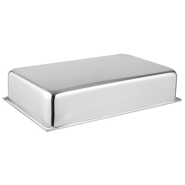 A shiny silver rectangular Vollrath water pan.