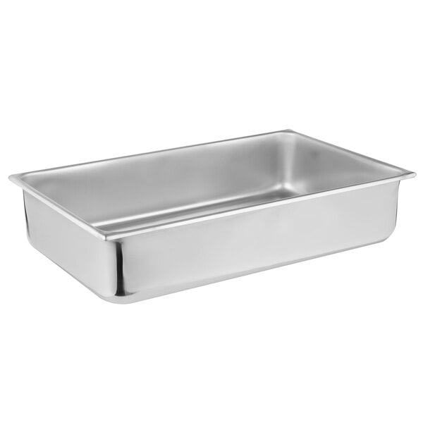 A Vollrath stainless steel rectangular water pan on a counter.