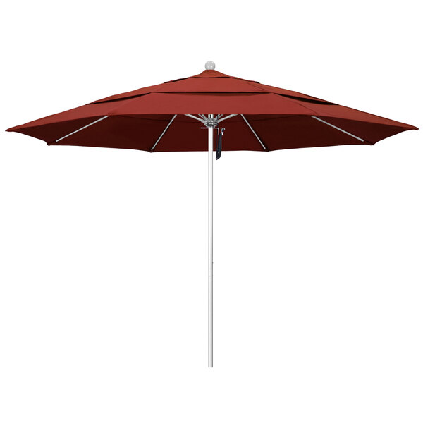 A close-up of a red California Umbrella with a terracotta Sunbrella canopy.