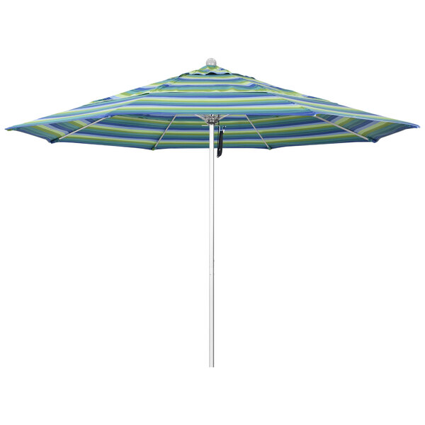 A close-up of a California Umbrella with blue and green stripes on the canopy.