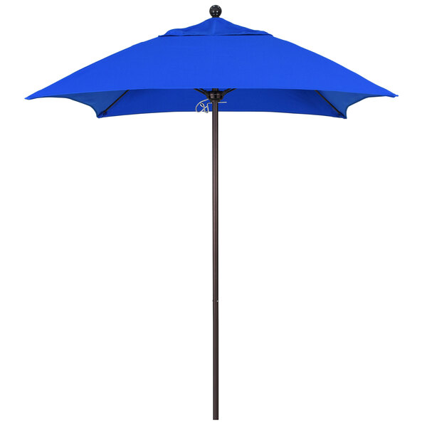 A California Umbrella blue square umbrella with a bronze pole.