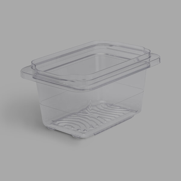 A clear plastic Rubbermaid FreshWorks container with a lid.