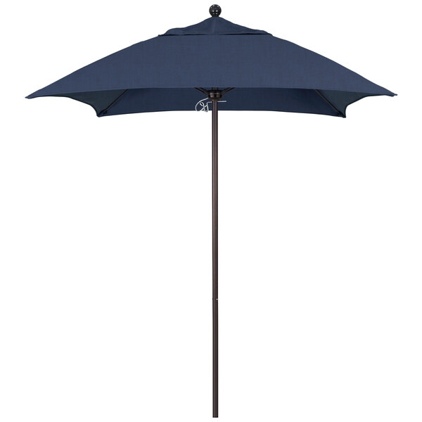 A blue California Umbrella with a bronze aluminum pole on a white background.