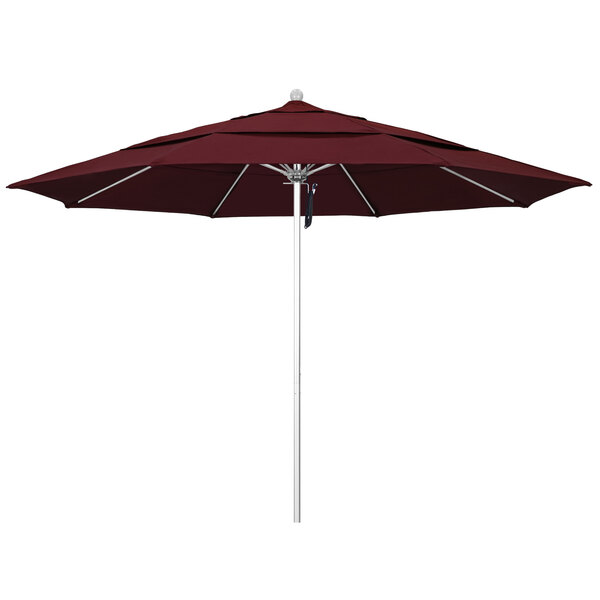 A close-up of a California Umbrella with a burgundy canopy.
