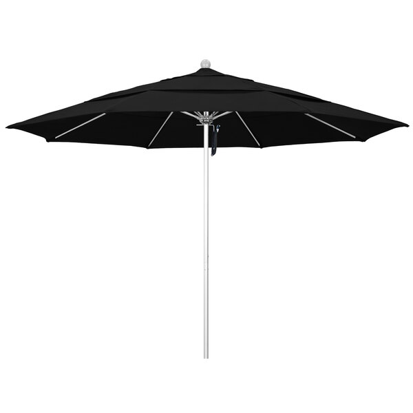 A black California Umbrella with a silver pole.
