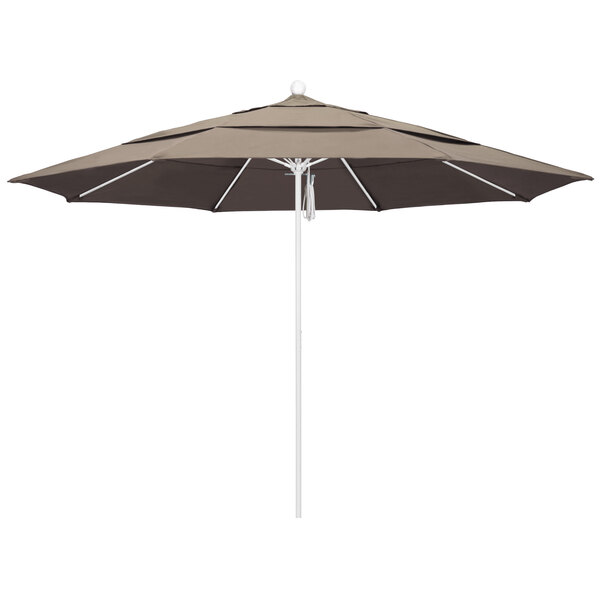 A California Umbrella ALTO round outdoor umbrella with a white pole and taupe Sunbrella canopy.