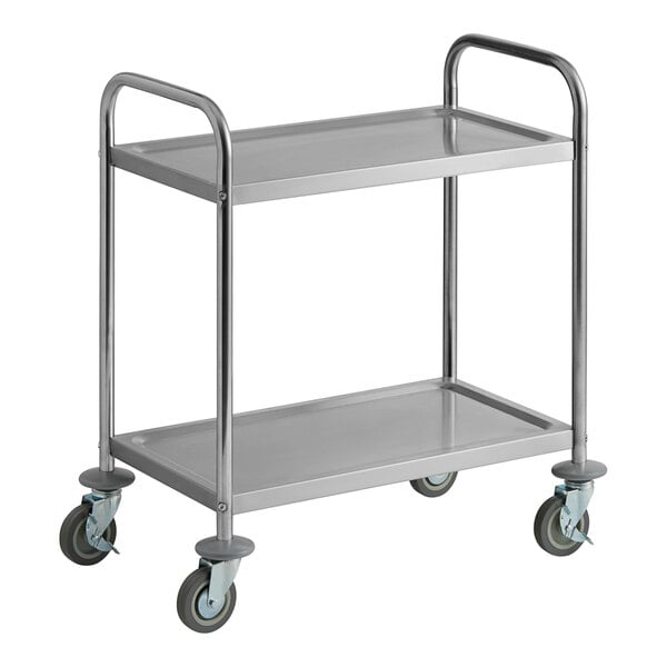 A stainless steel two-shelf utility cart with four wheels and handles on both ends.