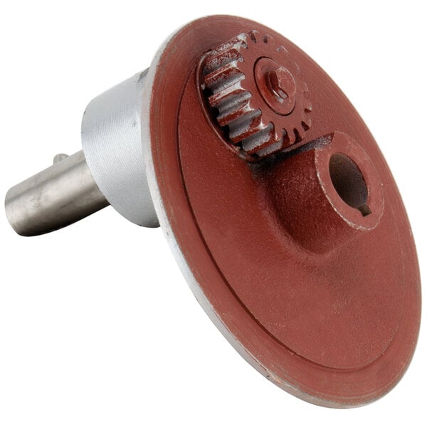 A red and silver metal gear with a metal shaft and white and silver gears.