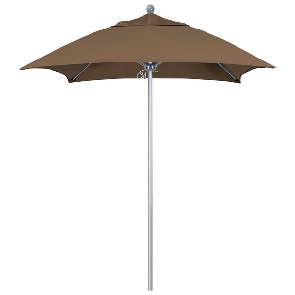 A brown California Umbrella ALTO square umbrella with a silver metal pole.