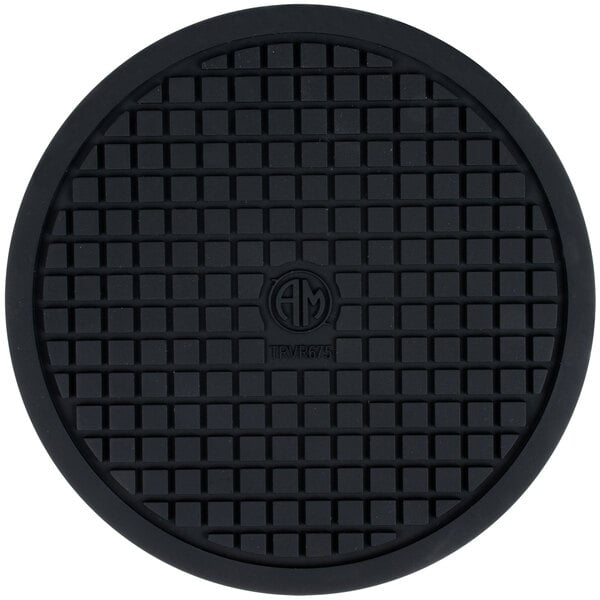 An American Metalcraft black round heat-resistant silicone trivet with a square pattern.