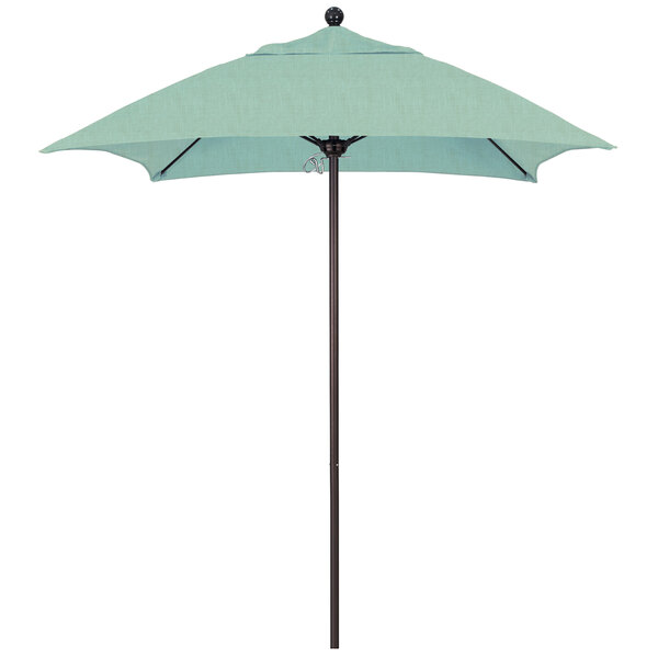 A blue California Umbrella with a bronze pole and spa blue Sunbrella canopy.