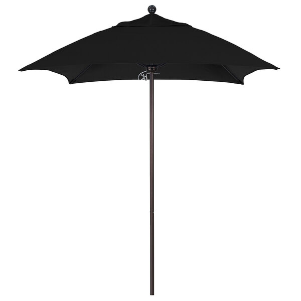 A black California Umbrella with a bronze aluminum pole on a white background.