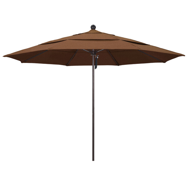 A brown umbrella on a black pole.