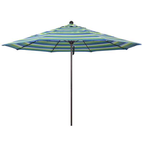 A close-up of a California Umbrella with blue and green stripes on the canopy.
