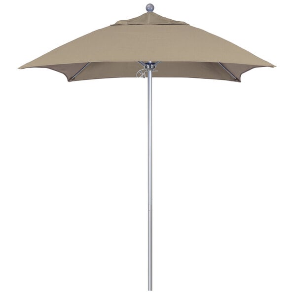 A California Umbrella ALTO square patio umbrella with a taupe Sunbrella canopy on a silver metal pole.