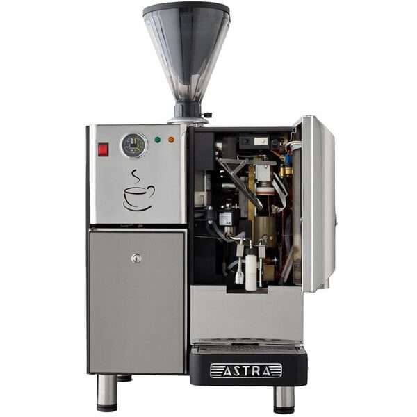 An Astra Super Mega automatic coffee machine with a stainless steel lid open.