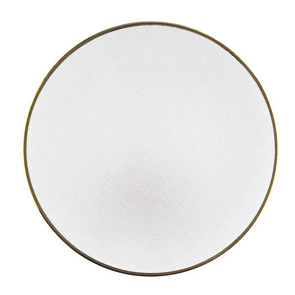 A white round Charge It by Jay glass charger plate with a gold rim.