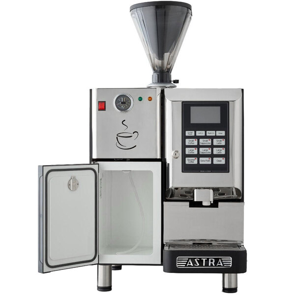 An Astra Super Mega I automatic coffee machine with a cup on top.