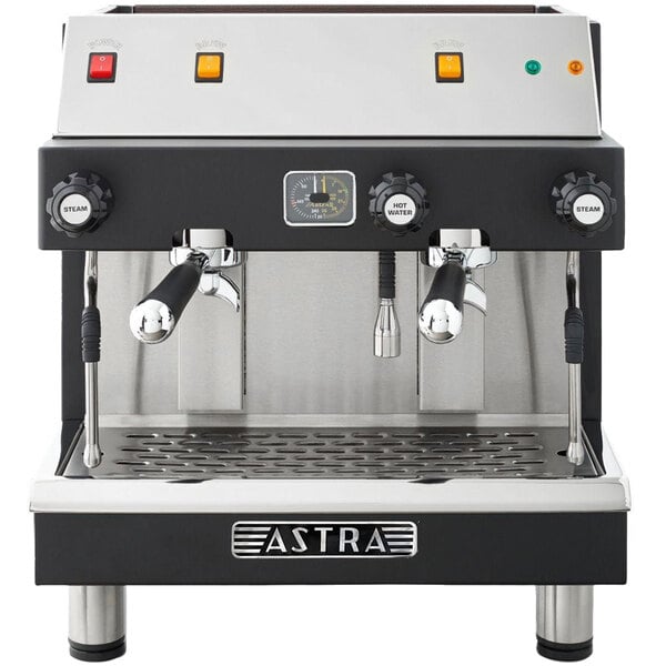 An Astra Mega II Compact semi-automatic espresso machine in black and silver with a stainless steel body.