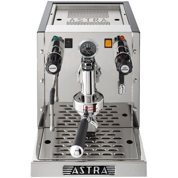 An Astra GS022 semi-automatic espresso machine with a stainless steel body and silver and black accents.