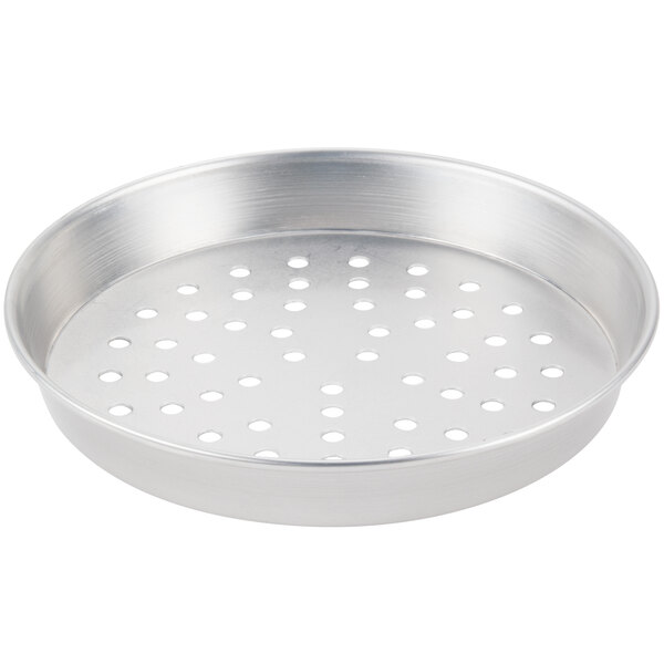 An American Metalcraft silver round metal pizza pan with holes.