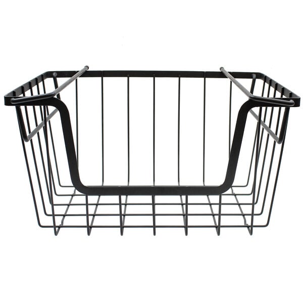 a black metal basket with a white background