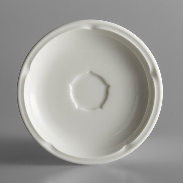 A white porcelain saucer with a circle in the center.