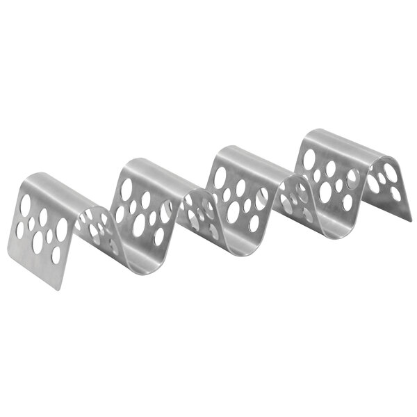 A Tablecraft stainless steel taco holder with 3 or 4 compartments and stamped circles.