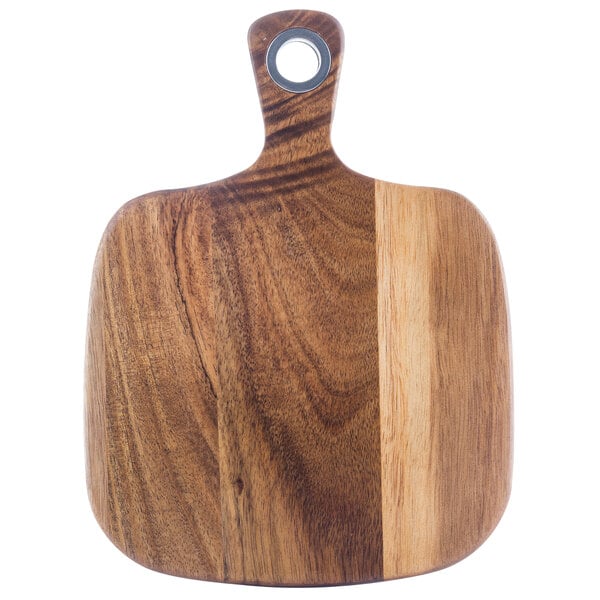 a wooden cutting board with a handle