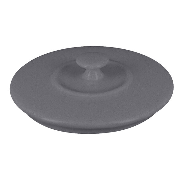 A stone gray round lid with a round knob.