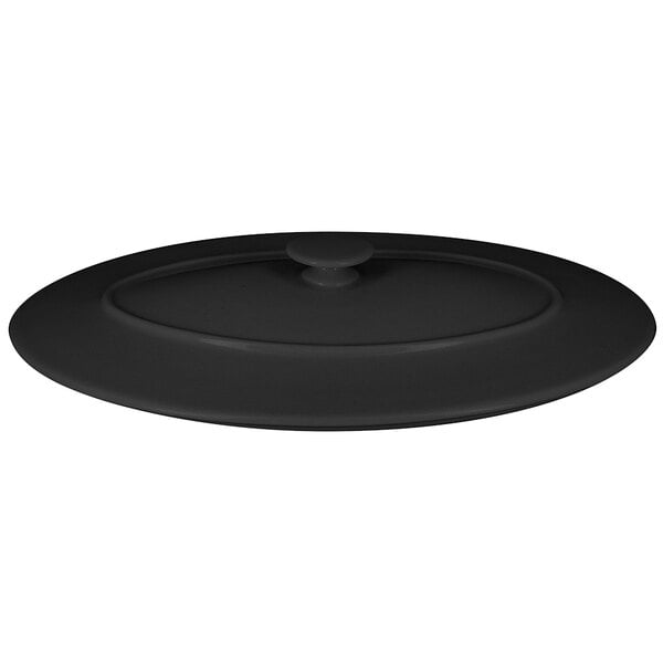 A black RAK Porcelain Chef's Fusion oval porcelain lid with a round handle.