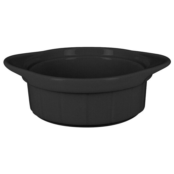A black RAK Porcelain ramekin with grooves on a white background.