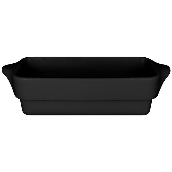 A black rectangular RAK Porcelain tureen with handles.