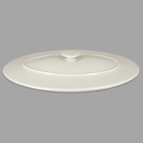 A RAK Porcelain Chef's Fusion sand white oval lid with a round knob.