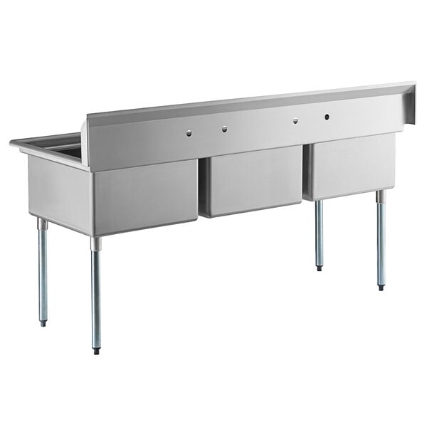 A Regency stainless steel 3 compartment sink with galvanized steel legs.