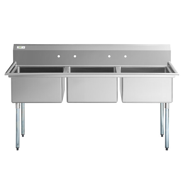 A Regency stainless steel three compartment sink with galvanized steel legs.
