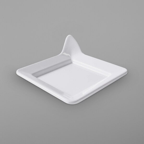 A white Elite Global Solutions square melamine plate with a raised handle.