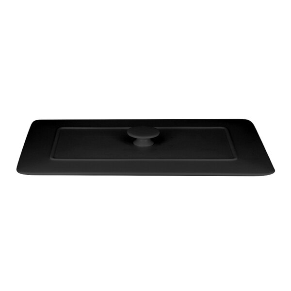 A black rectangular RAK Porcelain tureen lid with a round knob.