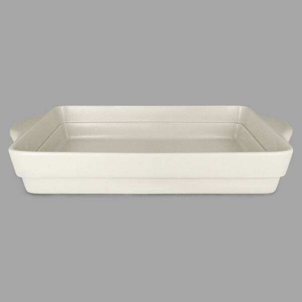 A white rectangular porcelain tureen with handles.