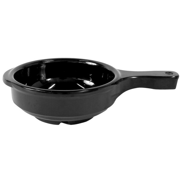 A black Elite Global Solutions melamine bowl with handle.